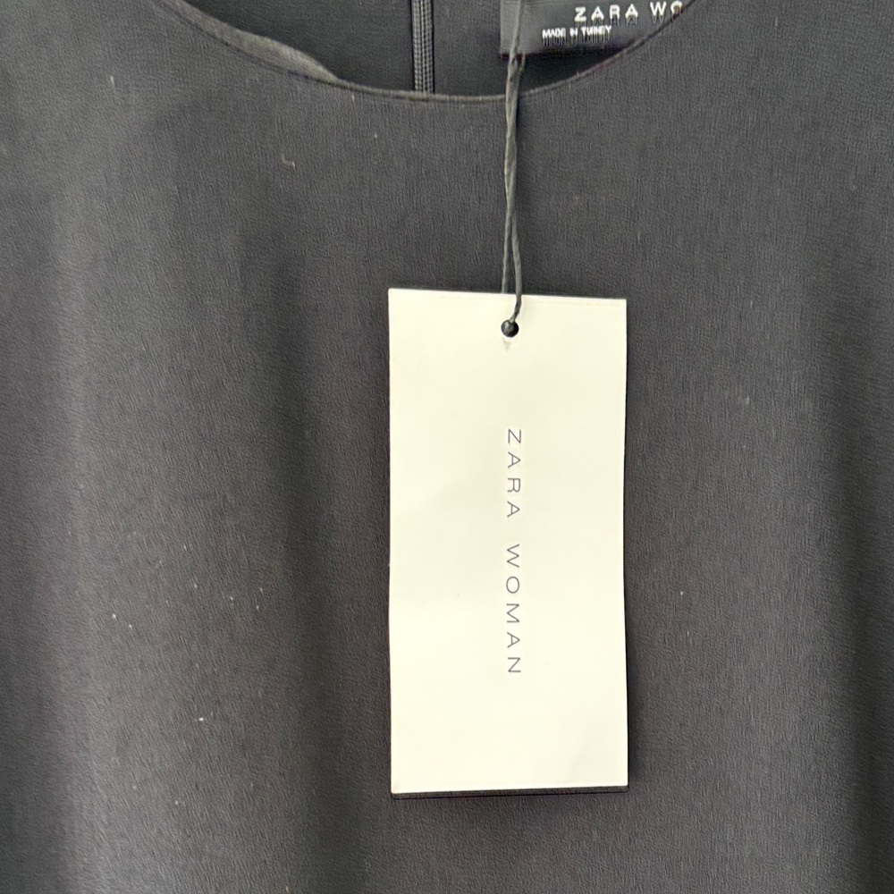 Zara NWT Black Short Sleeve Black Dress with Tassel Hem Sz L - Picture 2 of 5